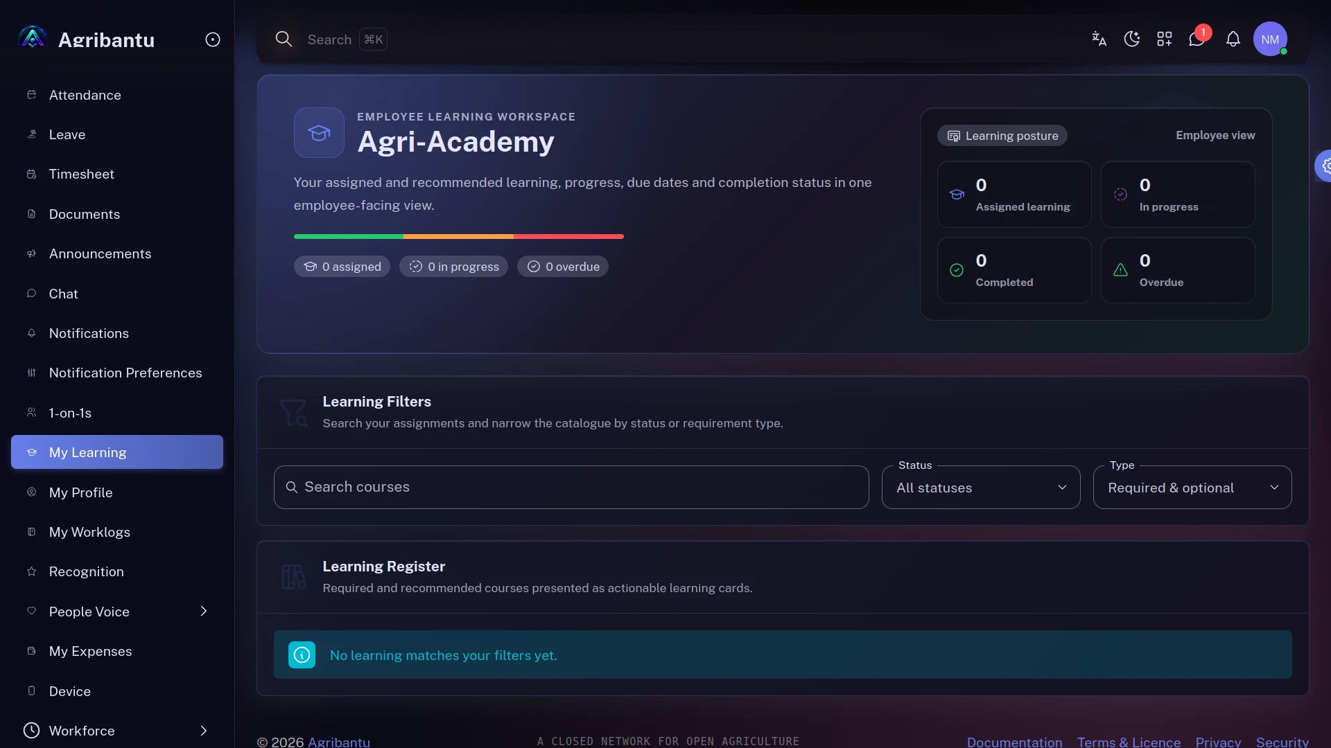 Agri-Academy employee learning workspace showing assigned learning, progress and the learning register