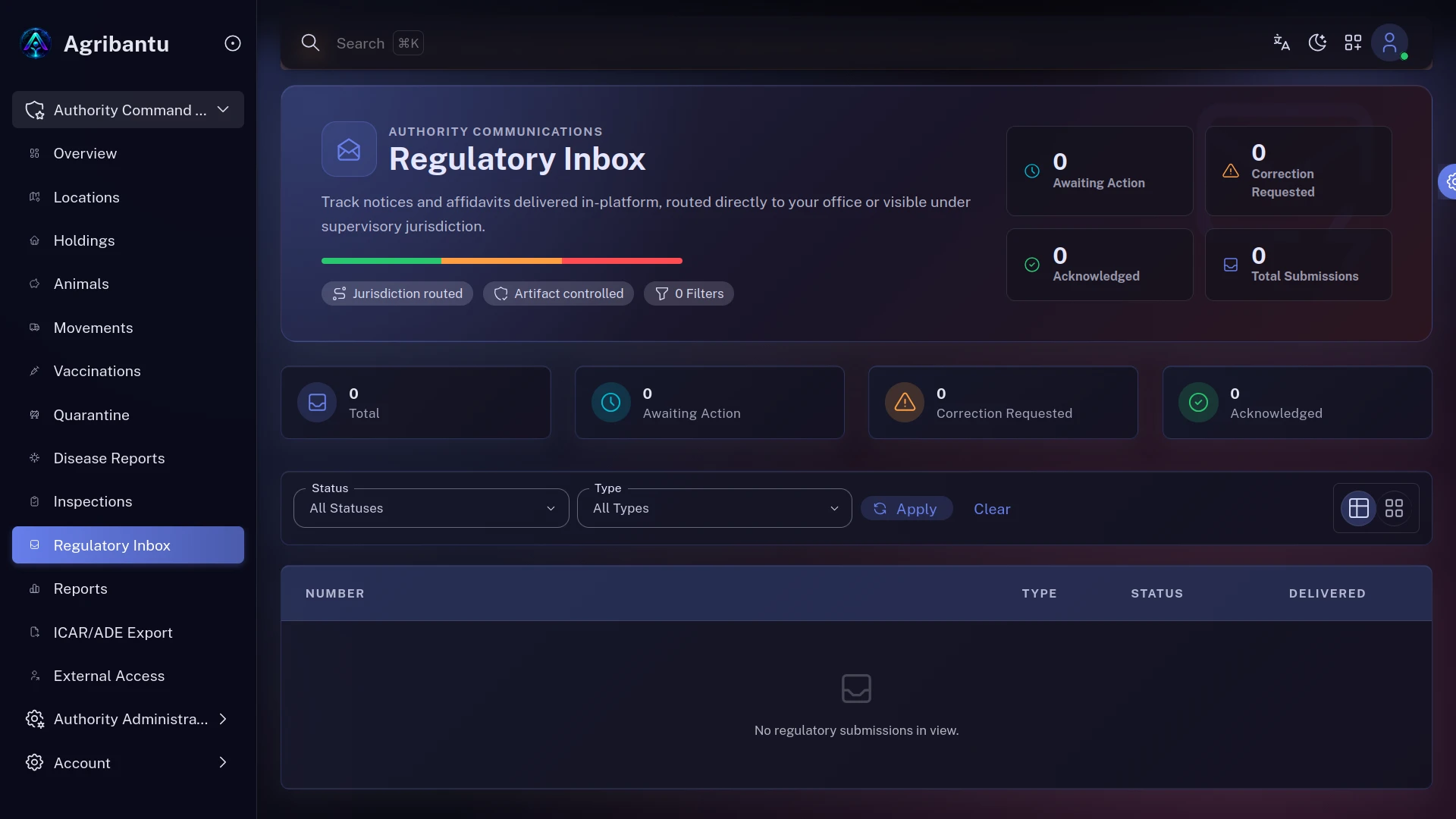 Regulatory Inbox inside the Authority Command Centre, tracking notices and affidavits delivered in-platform