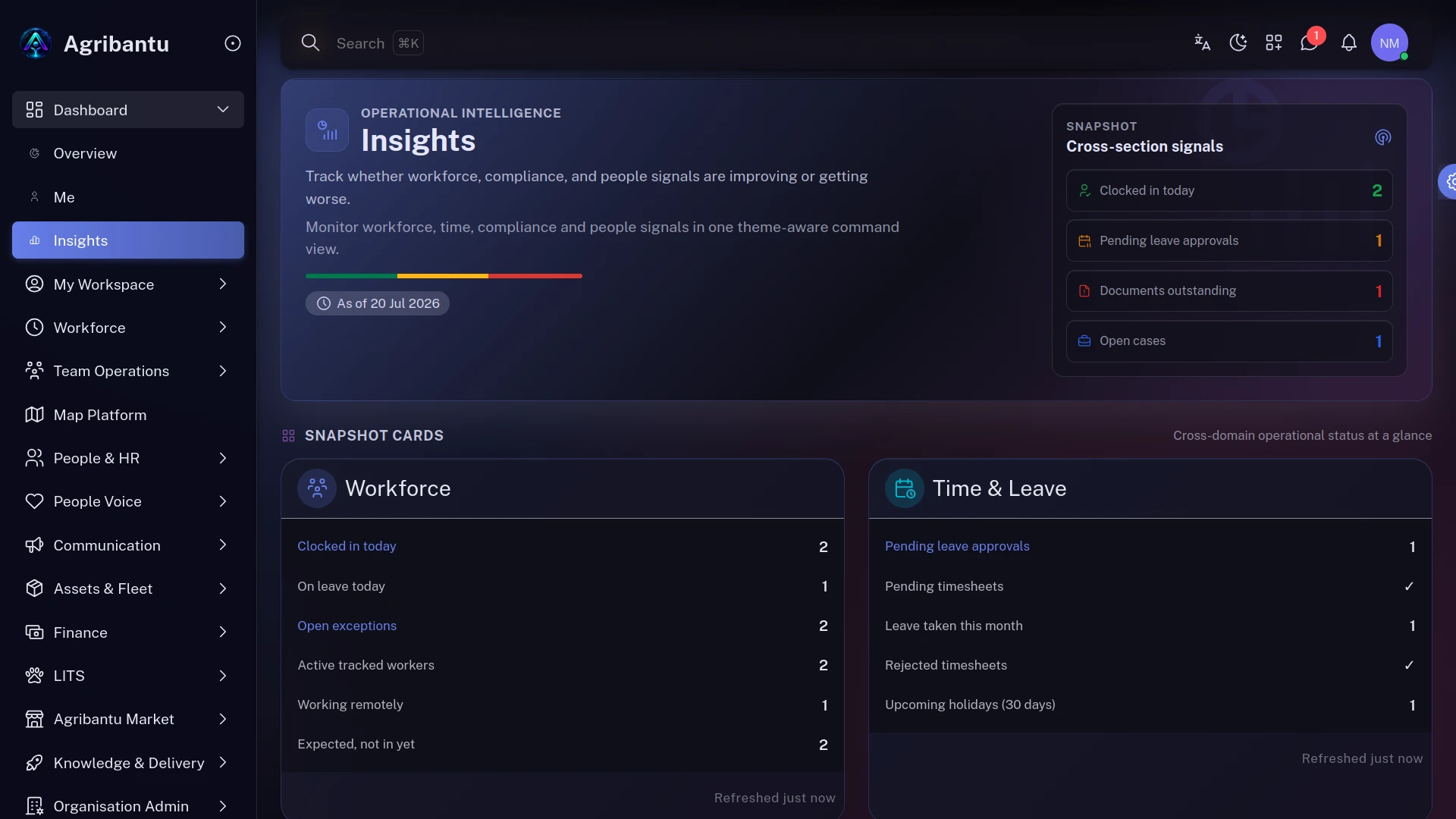 Insights dashboard showing workforce, time and leave, compliance and people signals