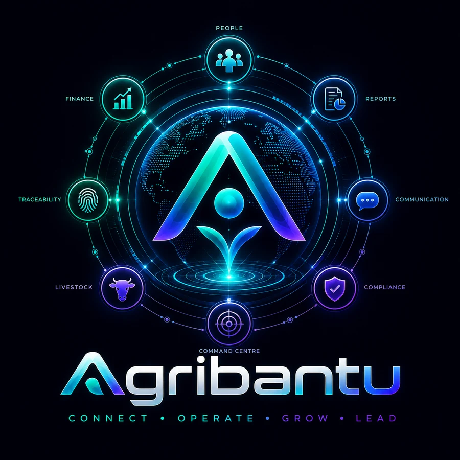 Agribantu — People, Finance, Traceability, Livestock, Compliance, Communication, Reports and Command Centre, connected in one network