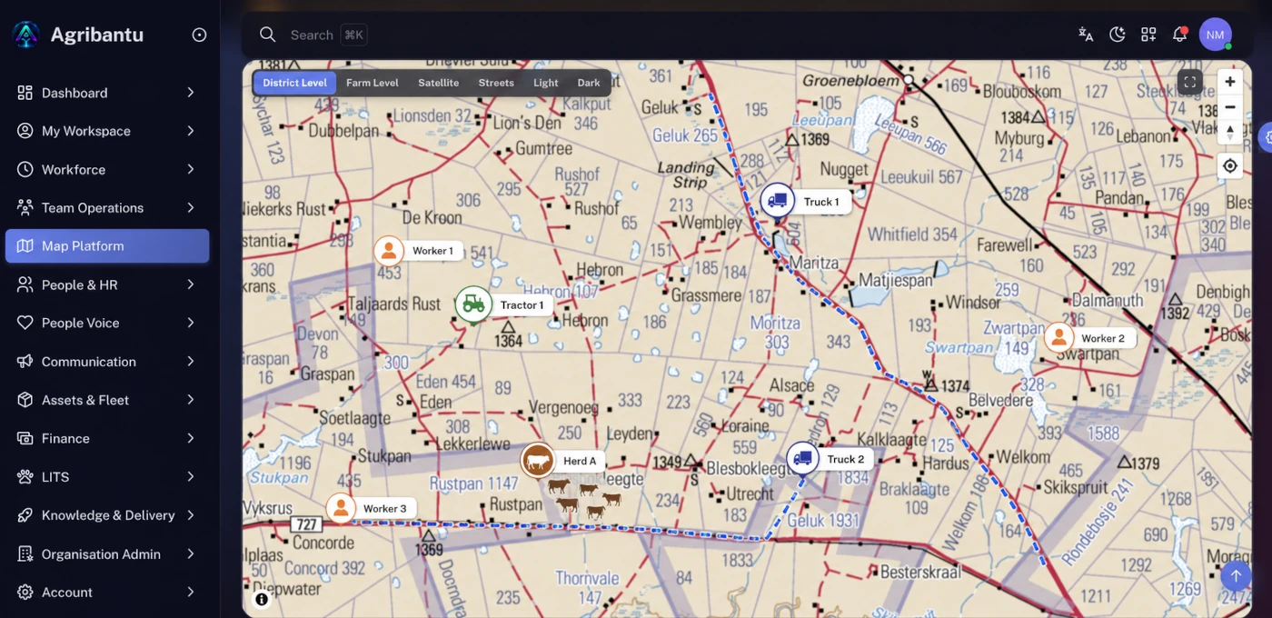 Map Platform showing workers, trucks and a herd tracked live on a South African topographic map with a basemap switcher