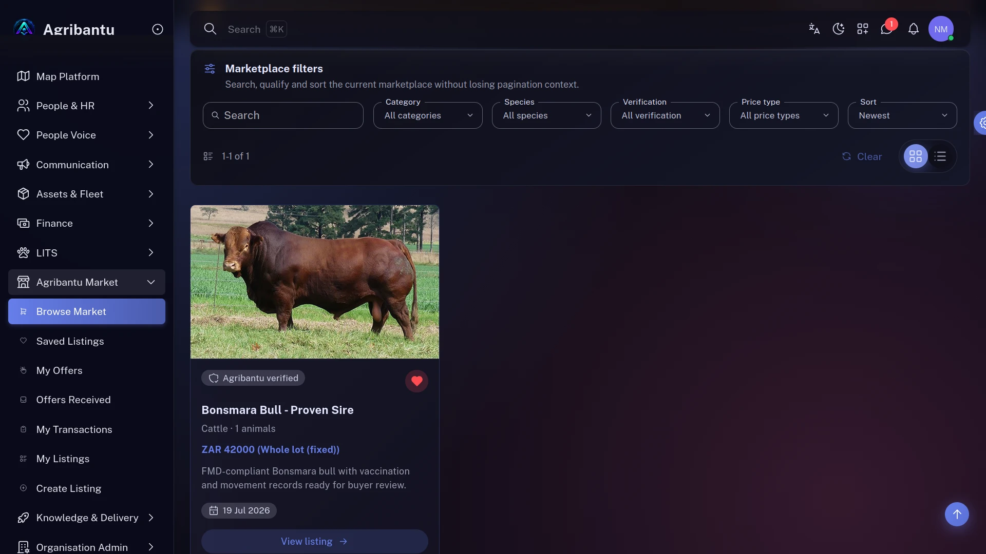 Agribantu Market browse view showing marketplace filters and a verified Bonsmara bull listing