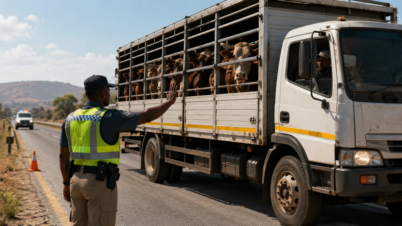 An animal health officer signals for a livestock truck to stop at a roadside checkpoint