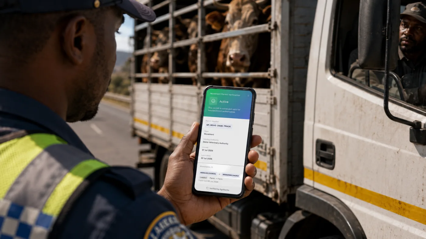 The officer's phone shows the permit verified as active by Agribantu, no login required