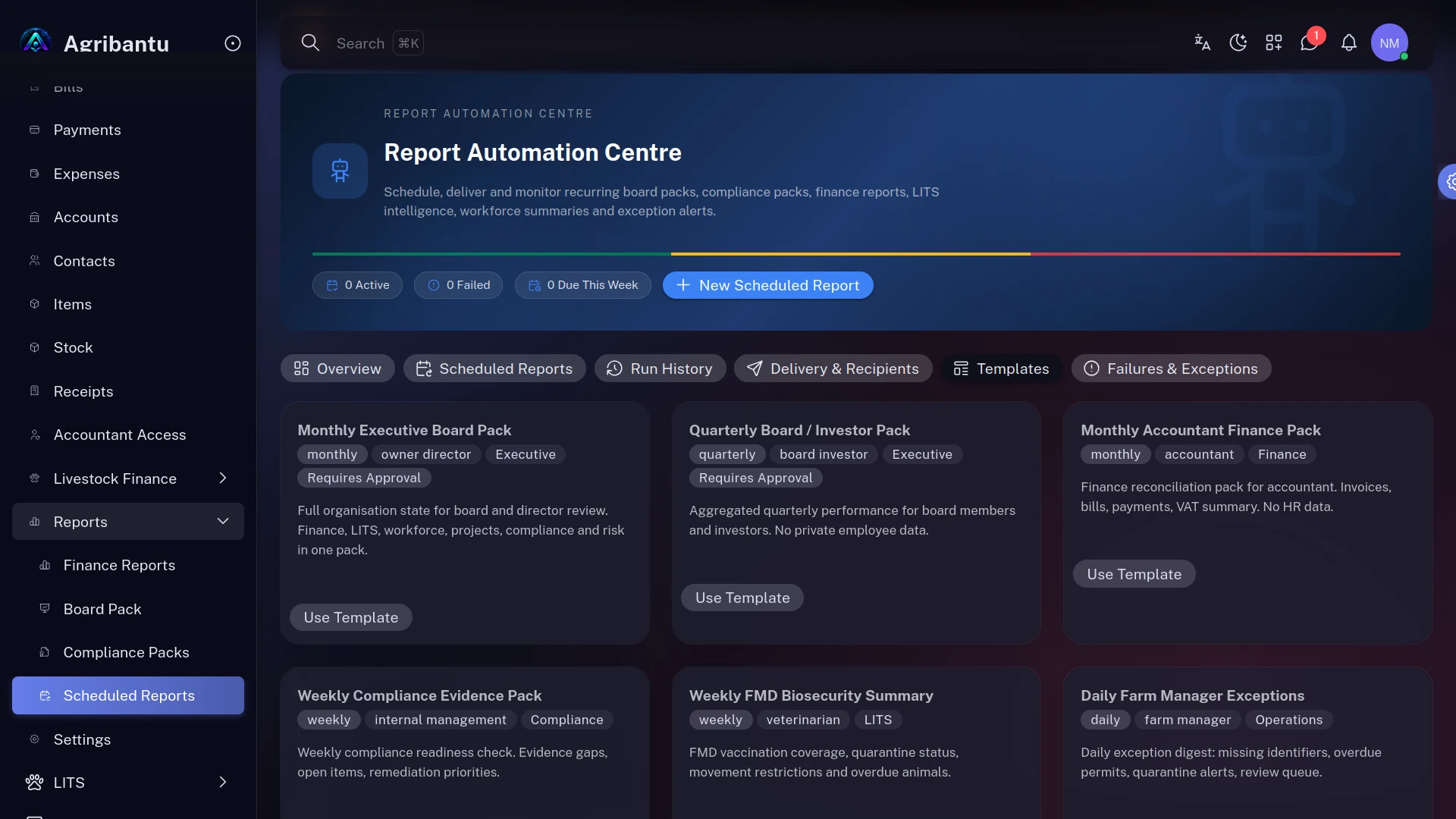 Report automation centre showing scheduled board packs and compliance reports